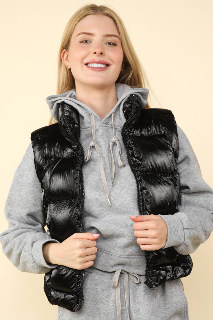 Shiny Metallic Zip Up Puffer Vest: Black