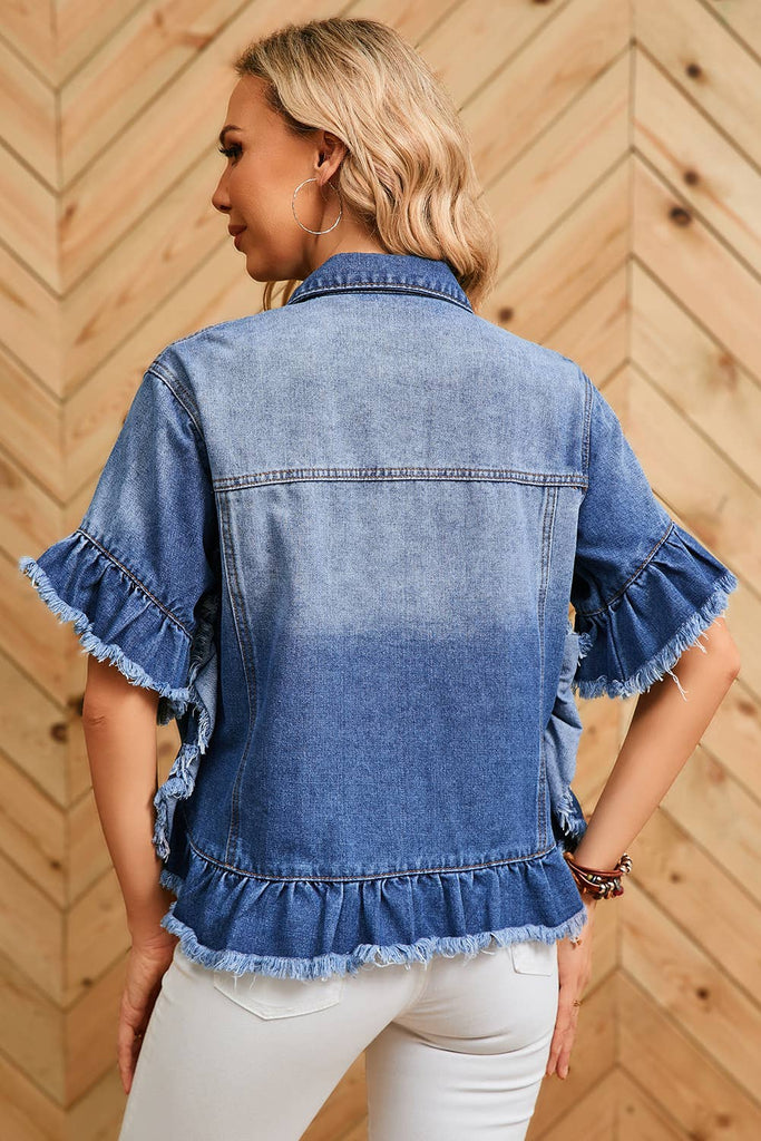 Women Raw Edge Ruffled Short Sleeve Denim Jacket | S-XL: As shown / Missy / L