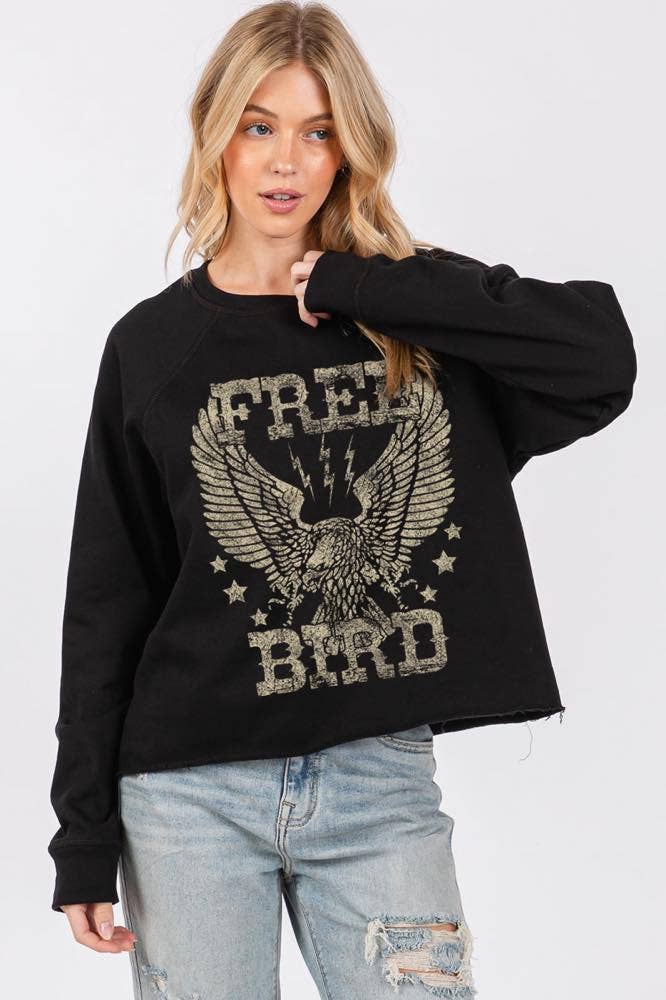 Free Bird Vintage Graphic L/S Faux Crop Sweatshirts: RED / S