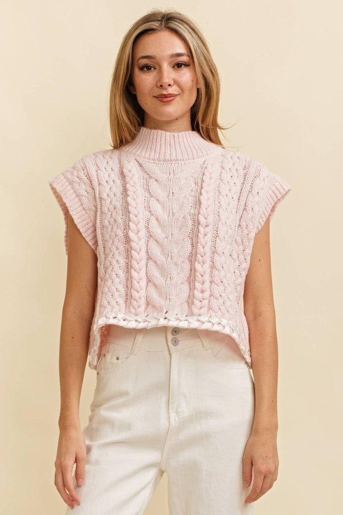 CABLE KNIT DROP SHOULDER CONTRAST STITCH SWEATER: Cream / M